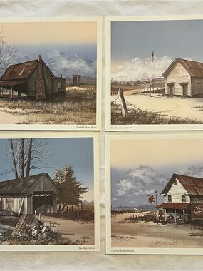 4-Vintage Wall Art Prints Set - Blue & Brown